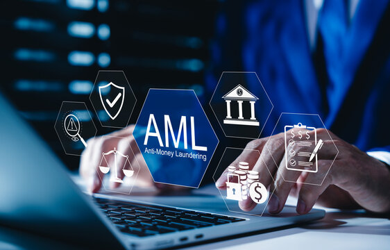 AML Anti-money laundering compliance, financial institutions detect suspicious transactions, fraud prevention, Businessman uses laptop with banking, risk monitoring, legal, and secure finance icons