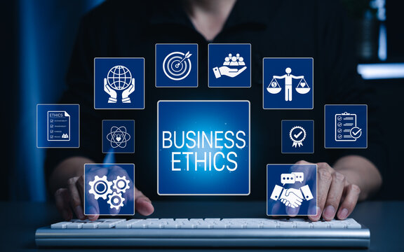 Business ethics and corporate responsibility concept. Businessman using computer and compliance, accountability, transparency, fairness, governance, trust, ethical leadership, responsible business