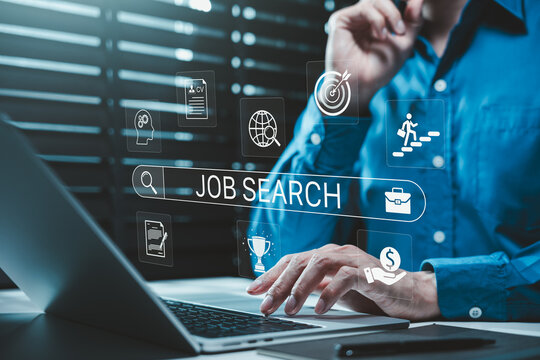 Job search and career opportunity concept. Applicant using laptop and recruitment system, resume screening, employment search, career development, hiring goals, salary benefits, workforce mobility