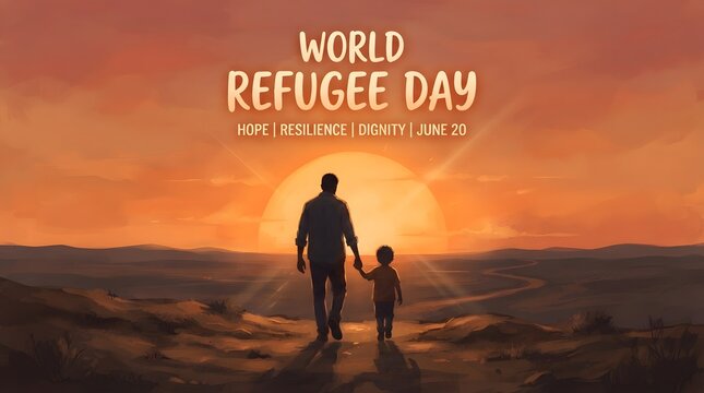 World refugee day illustration featuring a father and son looking toward the horizon