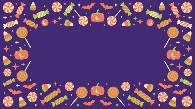 Vibrant vector illustration featuring cute Halloween candies and pumpkins arranged as a festive seasonal border on dark purple background