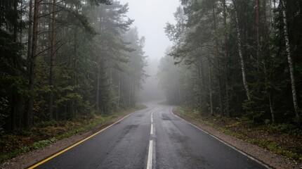 Fototapeta premium Foggy Forest Road Journey