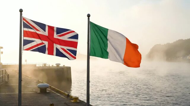 Flags of the united kingdom and ireland waving together at a misty harbor pier at sunrise irish british