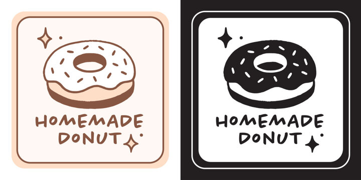 Homemade donut logo label for glazed doughnut with sprinkles classic bakery style sticker packaging design template. Retro vintage cozy aesthetic cute doodle drawing organic tag illustration print.