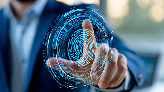 Business professional interacting with a transparent holographic security panel showing biometric verification and AI threat analysis, corporate cybersecurity, identity