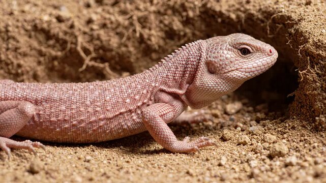 Pink Scaled Lizard Emerging From Sandy Burrow in Desert Habitat