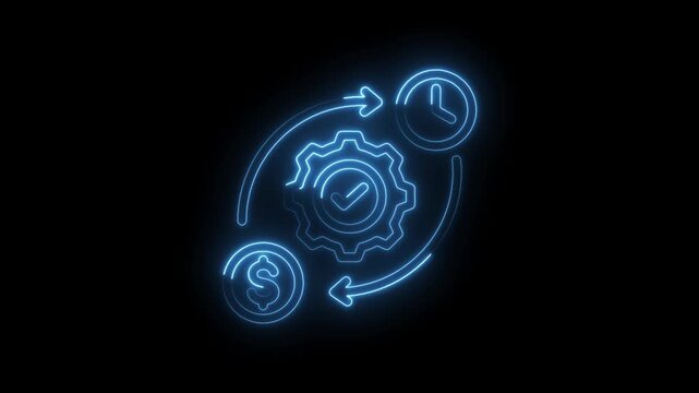 Neon blue glowing icon representing business process efficiency with gear clock and dollar