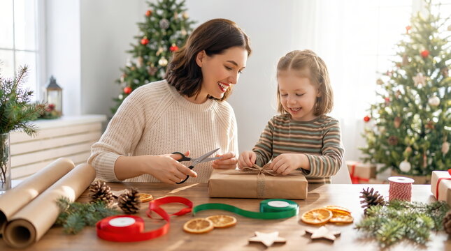 Parent and child creating handmade Christmas gifts together