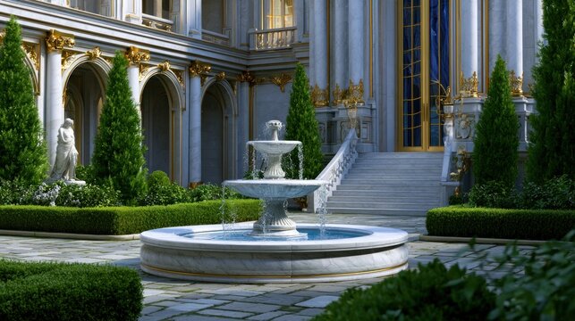 Elegant garden with central fountain, trimmed hedges, classical statues, and grand architectural backdrop