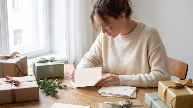 Woman writing a Christmas card at home with festive decorations