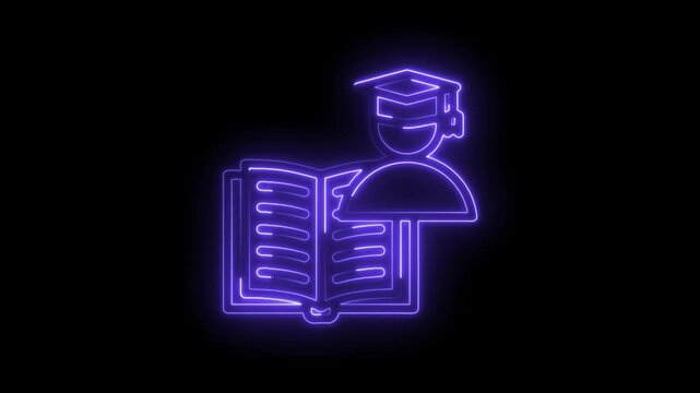 Glowing neon graduate student icon reading open book on black background abstract education