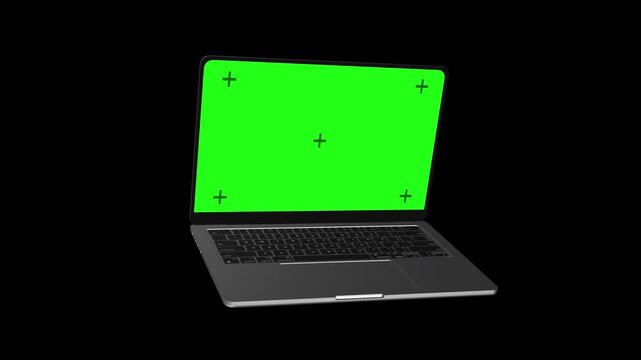 Open laptop green screen mockup tracking markers, dark studio background, realistic keyboard, angled perspective. website demos, software promos, app online ads, tutorials, screen replacement edits.