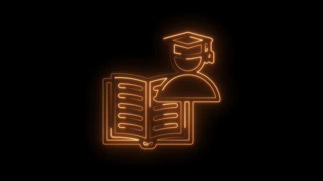 Glowing neon graduate student reading open book icon isolated on black background symbolizing