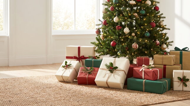 Festively Wrapped Christmas Presents Under the Tree for Family Gatherings