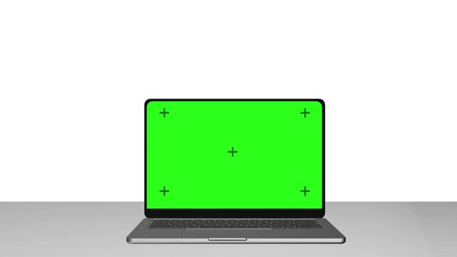 Front laptop green screen studio mockup clean white background, grey floor, tracking markers, centered display. website ads, app demos, software training, business promos, screen replacement videos.
