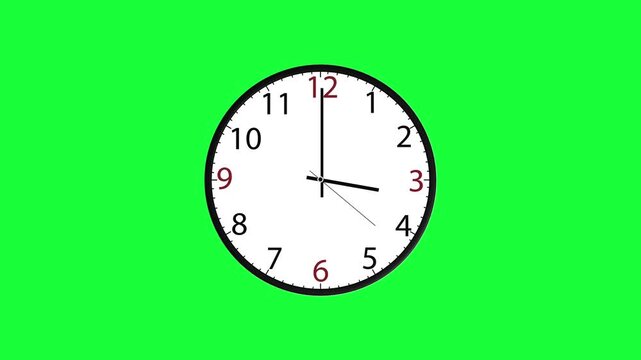 Analog clock on green screen clear white face, black hands, and clean chroma surface. time lapse videos, deadline edits, countdown scenes, schedule graphics, business clips, and educational visuals.
