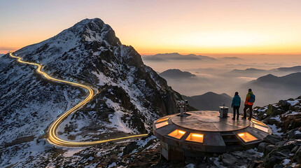 Obraz premium Hikers enjoying sunrise at mountain viewpoint with winding road lights