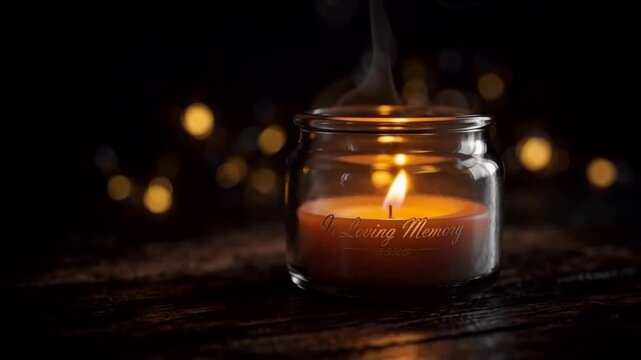 Candle Burns Steadily in Glass Jar on Wooden Surface with Soft Bokeh Lights at Night