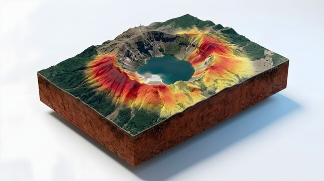 3D GIS topographic model showing thermal activity and a volcanic crater lake with geological layers