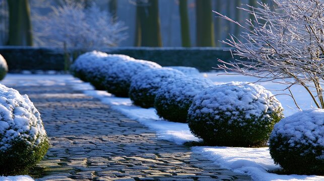 Snow-dusted shrubs line a cobblestone path framed by frosty trees in serene winter garden scene