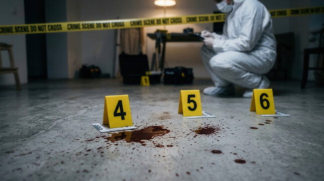 Forensic Investigator Documents Blood Splatter Evidence At Crime Scene Investigation