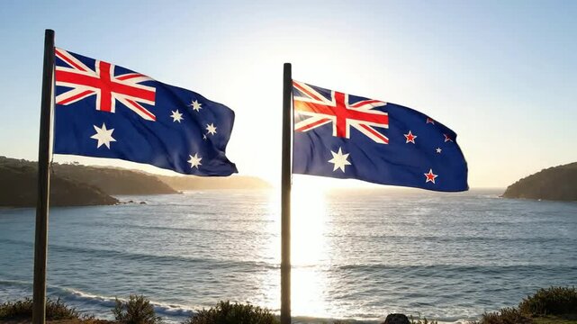Australian and new zealand flags waving together at sunset over coastal ocean landscape