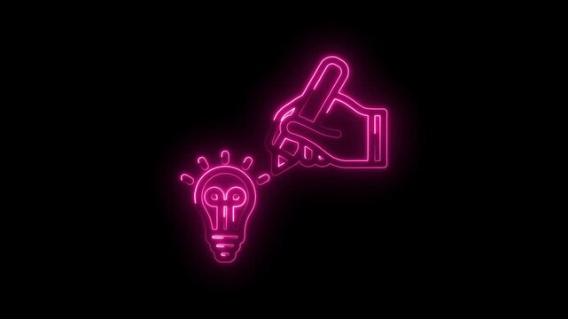 Neon pink hand drawing lightbulb icon symbolizing innovation creativity idea generation