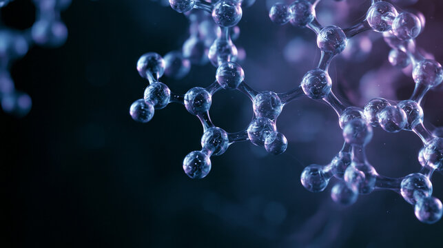 Abstract molecular structure with interconnected nodes and spheres in blue and purple tones on a dark background.