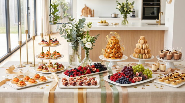 Festive New Year Party Food Table with Delicious Dishes and Decorations