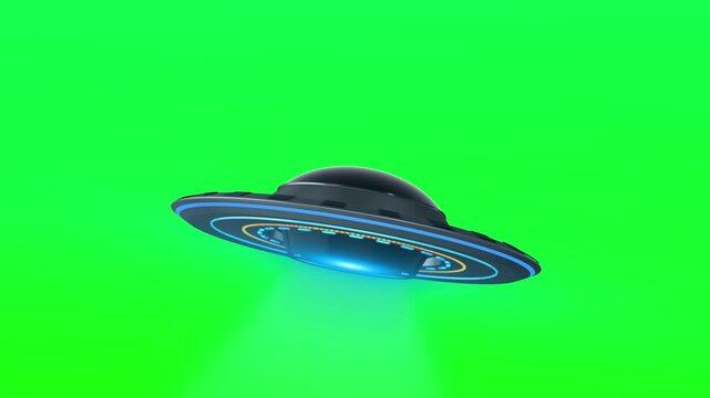 Futuristic UFO on green screen background glowing blue lights, metallic saucer body, clean chroma space. for sci fi videos, alien scenes, fantasy edits, space intros, VFX clips, creative compositing.