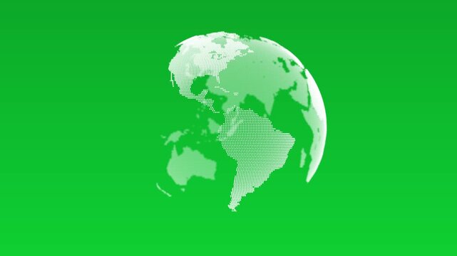 Digital globe green screen background white dotted world map, soft glow, and chroma key surface. for news intros, travel videos, global business edits, broadcast graphics, and map replacement visuals.
