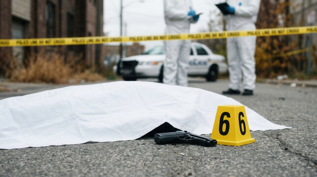 Forensic Investigation Scene With Body Covered And Gun At Crime Scene