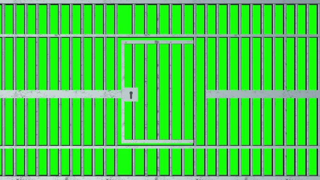 Prison bars Jail cell chroma key gate with grey metal bars, green screen metal jail door, lock plate, chroma spaces bars. crime videos, legal edits, escape scenes, drama intros, news graphics, VFX
