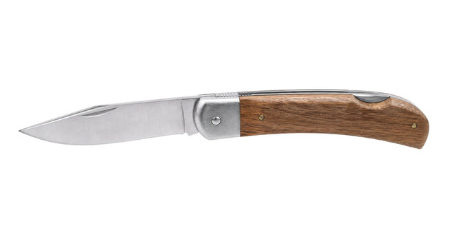 Sharp silver metal folding pocket knife with a natural wooden handle is captured in a studio shot on a clean white background