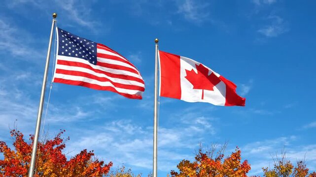 American and canadian flags waving together against a bright blue sky with autumn foliage canada international