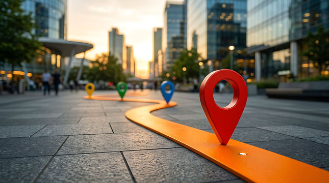 A 3D route map navigation concept with glowing location pins on a city plaza