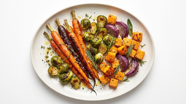 Colorful roasted root vegetables arranged on a white plate with a minimalist aesthetic