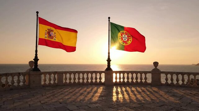 Spanish and portuguese flags waving together at sunset over the ocean spain portugal