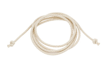 Single coiled beige braided rope with knots at both ends, isolated on a clean white background © Chinases