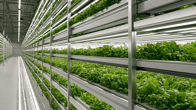 Rows of fresh green leafy vegetables growing in a vertical farm under artificial lighting.