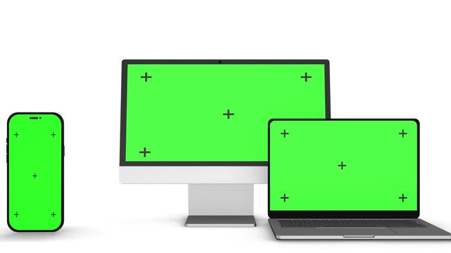 Desktop computer laptop green chroma key displays markers white background. responsive website demos, software advertising, business presentations, screen replacement, branding, and 19 promos.