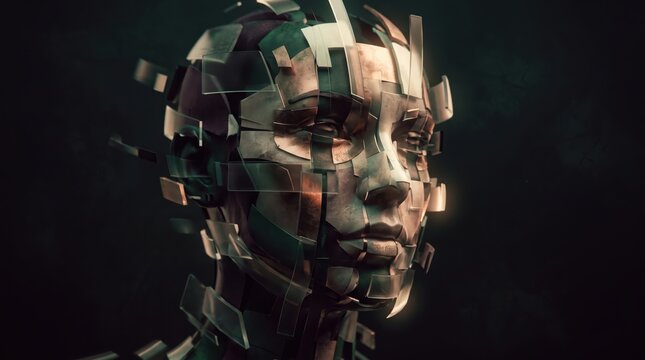 Abstract digital art of a human head constructed from fragmented metallic and glass shards, representing artificial intelligence and technological evolution