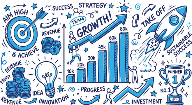 Business growth strategy doodle set with rocket launch target bullseye bar chart and financial icons for startup success and investment planning concept illustration