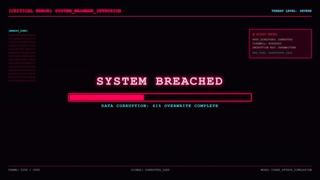 System Breached Cyber Attack Warning Screen Animation.