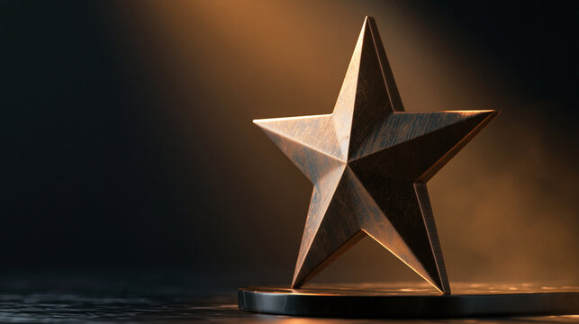 Rustic textured bronze star award on dark base with dramatic warm lighting for achievement success and excellence concepts.