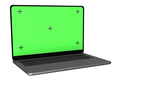 Clean laptop chroma key display vivid green screen, tracking guide crosses, studio lighting, front view. business videos, digital lessons, web design previews, software ads, product promotion edits.