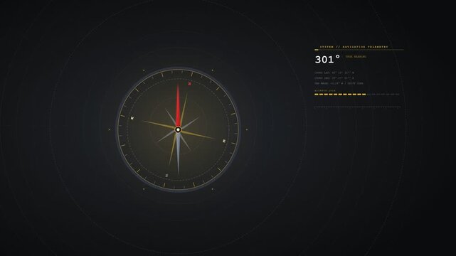 Digital compass interface with navigation data and coordinates on dark background