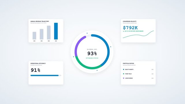 Modern dashboard with circular progress bar and financial data charts on light background