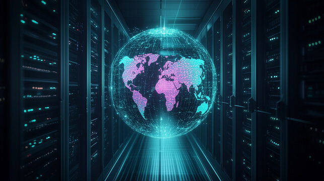 데이터 센터 서버룸 배경의 미래형 디지털 글로벌 홀로그램 지구본, futuristic digital global hologram globe with data center server room background