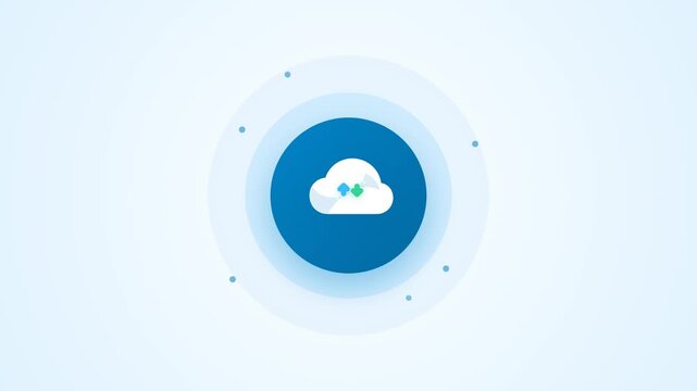 Blue cloud computing icon pulsing with data transfer arrows in this minimal seamless digital motion graphic loop animation file